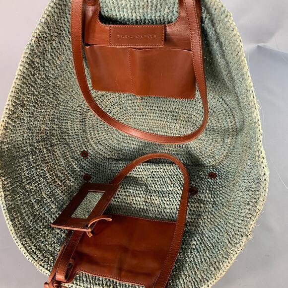 BALENCIAGA Green Brown Woven Raffia Oversized Tote Handbag - Picture 7 of 8